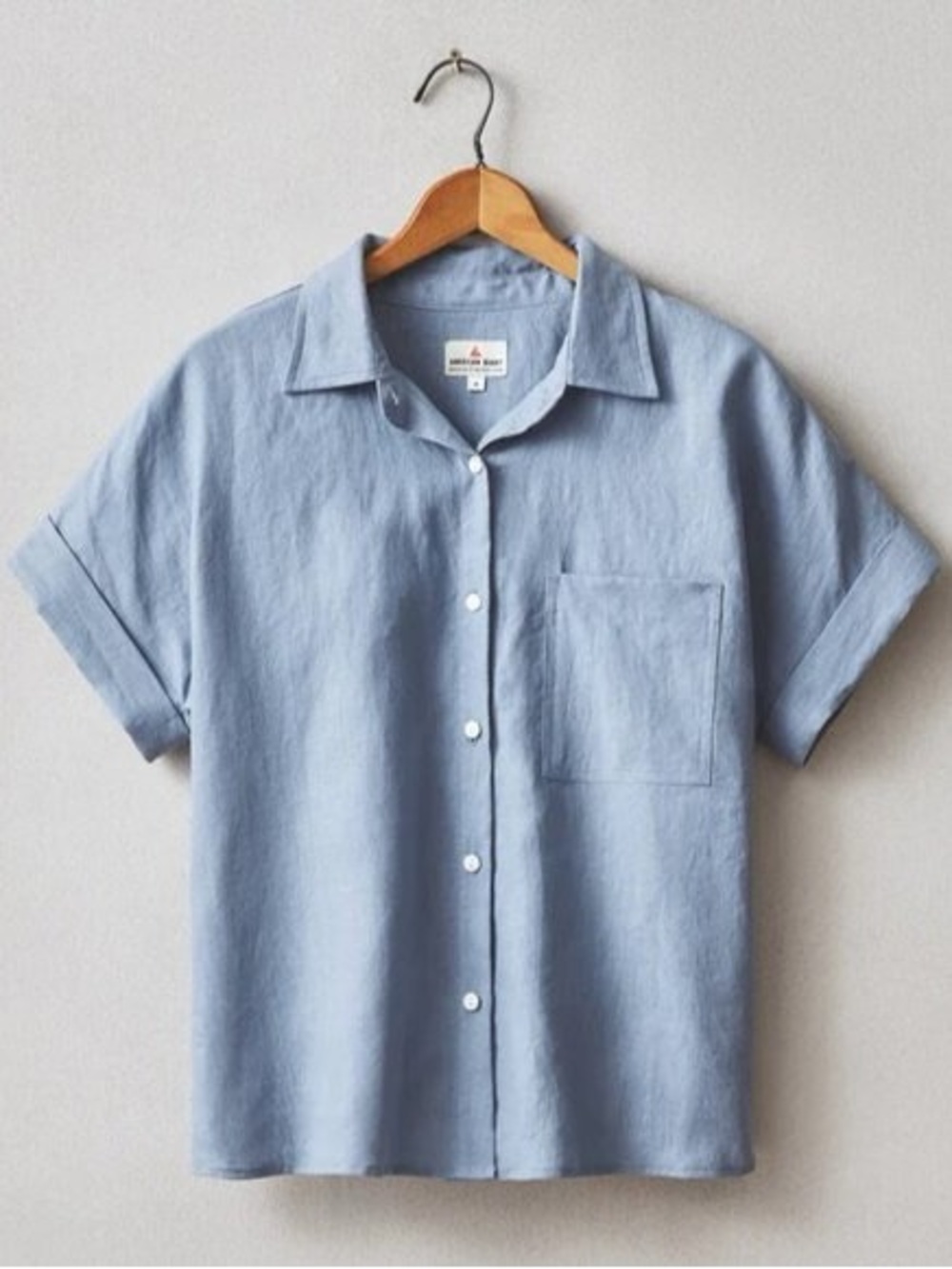 American Giant Dusty Blue Linen Camp Shirt Short Sleeve Button Down L Women's